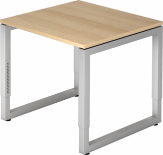 bümö höhenverstellbarer Schreibtisch R-Serie 80x80 cm in Eiche, Gestell in Silber - PC Tisch klein für's Büro manuell höhenverstellbar, Computertisch verstellbar, RS-08-E-S