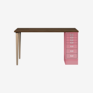 MultiDesk, 2 Eichenfüße, 1 MultiDrawer mit 8 Schüben, Dekor Nussbaum, Farbe Pink, Maße: H 740 x B 1400 x T 600 mm