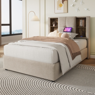 Polsterbett 90x200 cm mit kabelloser Ladestation, USB & Typ-C Anschlüssen,Kopfteil mit Ablagefächern, Leinenstoff Natürlich