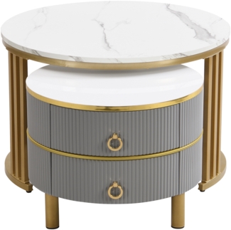 Couchtisch-Set 70x70x46 & 50x50x40 cm, MDF mit Marmordekor, hochglänzende Oberfläche, 2 runde Tische mit Schubladen，Gold und Grau
