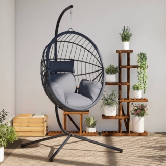 vidaXL Hängesessel Ei-Design mit Ständer Grau Rattan und Stahl 4007407