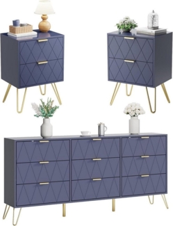 UEV Schlafzimmer-Set 3er-Set Schlafzimmermöbel, Möbelset im skandinavischen Stil, (Modern Linienmuster, Kommode mit 9 Schubladen und 2er-Set Nachttisch), Schrank mit Kippschutz, Goldene Griffe und Füße, Soft-close
