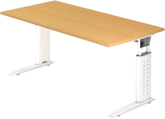 bümö höhenverstellbarer Schreibtisch U-Serie 160x80 Buche, Gestell in weiß - PC Tisch für's Büro manuell höhenverstellbar, Computertisch verstellbar, US-16-6-W