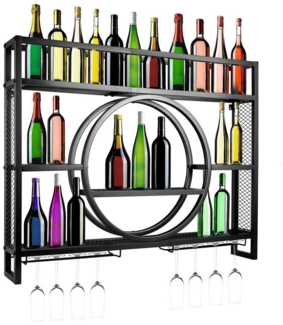 XERSEK Weinregal Wandmontage Metal Glasregal 100x80x15cm Weinhalter mit Regalen Schwarz, Eisen Display Stand, Max. 50KG, 30 Flaschen Wein