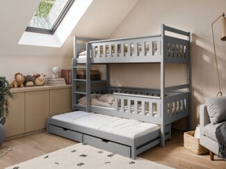 Deine Möbel 24 Etagenbett Hochbett Kinderbett KEV für 3 Kinder 90x200 Aschgrau (3-St, Funktionsbett mit Rausfallschutz, Lattenrost und Bettkasten), aus Kiefernholz Massivholz in 2 Einzelbetten umbaubar mit Ausziehbett