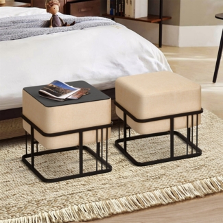 Multifunktionaler stapelbarer Sitzhocker Tas 2er Set quadratisch Beige [en. casa]