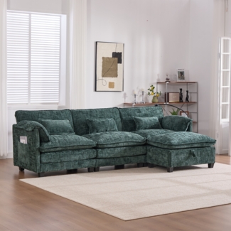 LVHOM 3-Sitzer Sofa mit Hocker, L-Form Ecksofa mit Stauraum, Modulares Sofa mit USB-C-Anschluss, Handyhalter und Seitentaschen, weiche Chenille-Stoff, Couchgarnitur, Grün