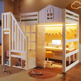 Hochbett mit LED-Beleuchtung, Lattenrost, Rausfallschutz, Treppe und Gardine, 140x200 cm, Kinderbett, Kiefer