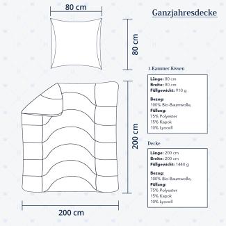 Heidelberger Bettwaren Bettdecke 200x200 cm mit Kissen 80x80 cm, Made in Germany | Ganzjahresdecke, Schlafdecke, Steppbett mit Kapok-Füllung | atmungsaktiv, hypoallergen, vegan | Serie Kanada