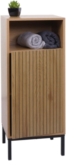 Kommode HWC-O42, Badezimmerkommode Badschrank Schrank mit 1 Tür, 3 Staufächer, MDF Melamin 98x39x30cm ~ Holzoptik natur