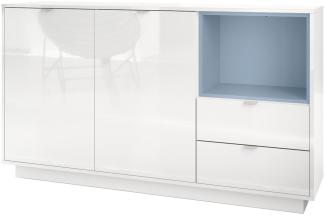 Sideboard Kommode Metro, Korpus in Weiß Hochglanz / Fronten in Weiß Hochglanz mit Einsatz in Denim matt