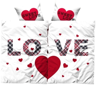 Visaggio Bettwäsche Partnerbettwäsche Mikrofaser 135x200 cm 4 teilig, Microfaser, 4 teilig, Partnerbettwäsche mit Love-Schriftzug und Herzen