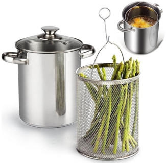 SURFOU Frittiertopf SUS304 Edelstahl, Frittier & Spargeltopf mit Siebeinsatz, (Vielseitiger Kochtopf (17cm, H21cm)aus 304 Edelstahl, mit Glasdeckel, – Zum Frittieren, Kochen von Spargel, Pasta, Gemüse & mehr – Für alle Herdarten inkl. Induktion, 1-tlg,...