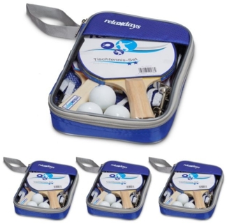 Relaxdays '2 Sterne' Tischtennis-Set, 4 Stück, Kunststoff / Holz blau