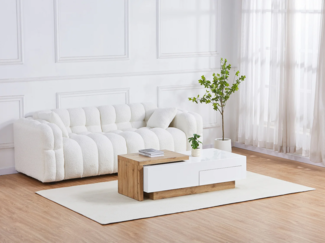 Vente-unique - Ausziehbarer Couchtisch - 1 Schublade und 1 Ablagefach - MDF - Holzfarben und Weiß - MANDREA