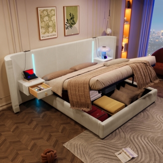 Polsterbett 180x200 cm mit Samtbezug, LED-Licht, hydraulischem Bettkasten, 2 Schubladen mit Partition, Stauraumbett,in Beige