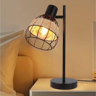 Nettlife Tischleuchte Schwarz E27 Rattan Nachttischlampe Bambus Schwenkbar Lampenschirm, mit Schalter, LED wechselbar, Wohnzimmer Schlafzimmer