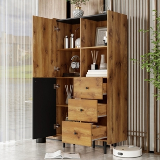 PXloue Highboard mit 2 Türen, 3 Schubladen und offenen Regalen, Sideboard Holz, Kommode, Hochschrank, B x H x T:83 x 160 x 40cm