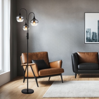 LED Stehleuchte, 3-Flammig, Rauchglas, schwarz, H 165 cm