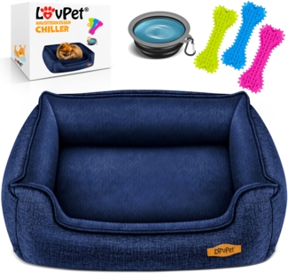 LovPet® Hundebett Hundekissen Hundekorb Chiller, Inkl. Napf + 3X Kauknochen, Hundesofa Kissen für Kleine, Mittelgroße & Große Hunde, Bezug abnehmbar und waschbar Navyblau, M (70 x 55 x 21 cm)