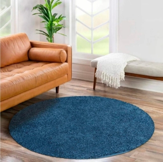 carpet city Shaggy Hochflor Teppich - Rund 160 cm - Blau - Langflor Wohnzimmerteppich - Einfarbig Uni Modern - Flauschig-Weiche Teppiche Schlafzimmer Deko