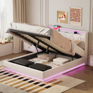 Modernes 140x200 cm LED-Bett mit USB, integriertem Stauraum & weiem Samtbezug elegantes Design fr Ihr Schlafzimmer