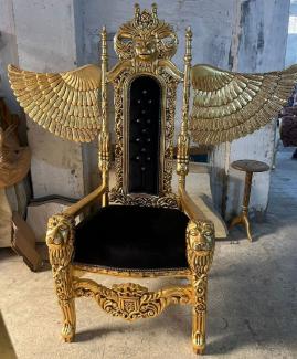 Casa Padrino Barock Thron Sessel mit Flügel und Glitzersteinen Schwarz / Gold - Handgefertigter Königssessel