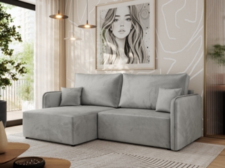 L-förmiges Ecksofa mit Armlehnen, für das Wohnzimmer, Schlaffunktion und Bettkästen, Wellenfeder am Sitz, losen Kissen - MESTO - Hellgrau Velours - linke Seite