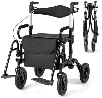 Rollator mit Luftbereifung faltbar und leicht mit Sitz 2 in 1 Rollstuhl &Reiserollator Schwarz