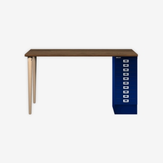 MultiDesk, 2 Eichenfüße, 1 MultiDrawer mit 10 Schüben, Dekor Nussbaum, Farbe Oxfordblau, Maße: H 740 x B 1400 x T 600 mm