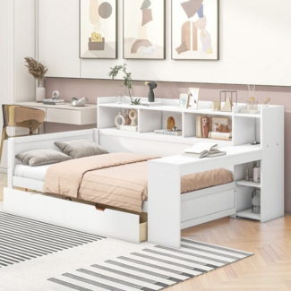 OKWISH Schlafsofa Tagesbett,mit integriertem Schreibtisch und USB-Ladeanschluss, Schlafsofa, Tagesbett mit 2 Schubladen, USB-Anschluss & Ladebuchse, Nachttischablage, Multifunktionales Daybed für, ohne Matratze, ohne Matratze