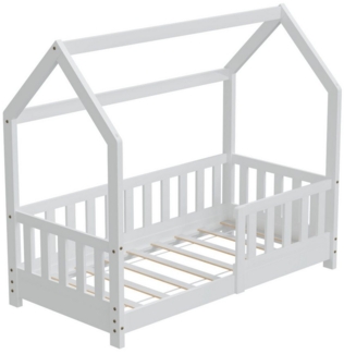HAGO Kinderbett 70x140cm Weiß Hausbett Dach Rausfallschutz Massivholz Kiefer Spielbett, Montessori inspiriert, Hausform, Niedriger Einstieg,Rausfallschutz