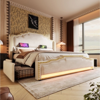 Celya Polsterbett Doppelbett mit 4 Schubladen, LED-Beleuchtung und USB-C-Ladeanschluss (Samt, ohne Matratze), 160×200cm, Stauraumbett und Jugendbett mit Lattenrost