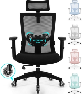 Adormii Bürostuhl Bürostuhl mit Gerauschlose Gummirollen,Ergonomischer Bürostuhl (Drehstuhl 360° mit Verstellbarer Kopfstütze, verstellbarer Lendenwirbelstütze und verstellbarer Armlehnen, Computerstuhl, Wippfunktion bis 135), Höhenverstellbar, Atmungs...