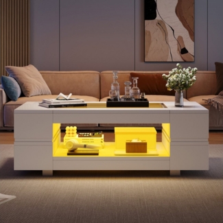 HAUSS SPOLE Couchtisch Hochglanz LED-Couchtisch Bluetooth-App-Steuerung Kaffeetisch Weiß (Wohnzimmertisch, Beistelltisch, Satztisch, 1-St, doppelschichtiger), mit Bluetooth-App-Steuerung