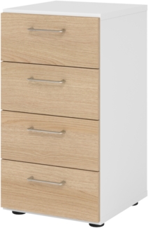 bümö smart Schubladenschrank, Büroschrank in Weiß/Eiche mit 4 Schüben - Bürocontainer aus Holz, Container mit Metallgriffen & Soft-Stop Schubladen, 924S4-W-E-BS