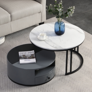 Couchtisch Set 2-teilig, rund, Nesting-Design, moderner Wohnzimmertisch mit Marmoroptik, Holzoptik und Hochglanz