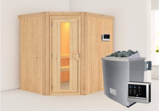 Karibu Sauna Siirin + 9kW Saunaofen mit ext. Steuerung Easy Klarglas Ganzglastür