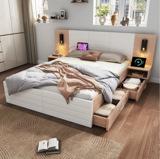 Flieks Massivholzbett, Doppelbett 180×200cm 2 Schubladen 2 Nachttische Leselicht USB-Aufladen
