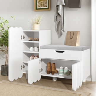 Schuhbank 90x35x74.5 cm – 3 Türen, Schublade & gepolsterte Sitzfläche, Weiß, modernes Design
