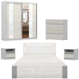 Deine Möbel 24 Schlafzimmer-Set HEAVEN MULTI Komplettschlafzimmer Kleiderschrank 183 203 233 cm, (Schwebetürenschrank Kleiderschrank mit Spiegeltüren Kommode 2x Nachttisch Doppelbett 160x200, 5-tlg, Set), mit LED-Beleuchtung Matratze optional