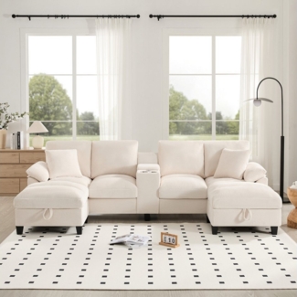 TavilaEcon Wohnlandschaft Geräumiges 4-Sitzer-Sofa in U-Form mit Stauraum und Kissen, 1 Teile, mit zwei USB-Anschlüssen, 293×142×93cm, beige