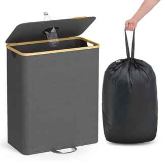 SONGMICS Pfandflaschen-Sammelbehälter, 135 L Pfandflaschen-Behälter, Flaschensammler Leergut, Recycling-Behälter, mit Loch, Deckel, Innensack mit Griffen, Küche, schiefergrau-naturbeige RRBDE513G01