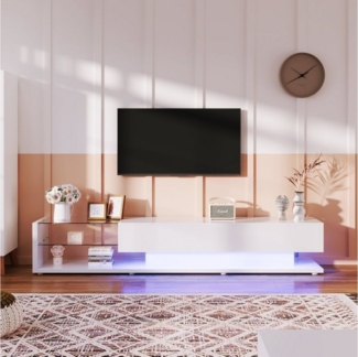 Odikalo TV-Schrank Lowboard Fernsehschrank hochglänzende Glastrennwand 16-LED Weiss/Natur