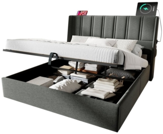 Flieks Polsterbett, Hydraulisches Doppelbett 160x200 cm mit USB/Typ-C Laden + Seitentasche