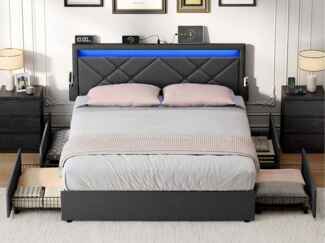 VASAGLE Doppelbettgestell, Bettgestell, 180 x 200 cm, LED, Metallbett, 4 Schubladen, Ladestation, verstellbares gepolstertes Kopfteil, dunkelgrau