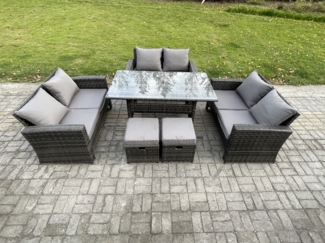 Fimous Polyrattan Gartenmöbel-Sets mit Länglicher Esstisch Doppelsitzsofa 2 kleine Fußhockern Dunkelgrau gemischt