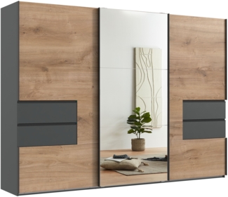 SCHWEBETÜRENSCHRANK B300/H216/T65 cm, Korpus+Schubladen Grafit, Türen eichefarben / Spiegel, inkl. Vollausstattung