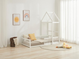 Vente-unique - Bett in Hausoptik + Matratze - 90 x 190 cm - Kiefer & MDF - Weiß - VARLAINE