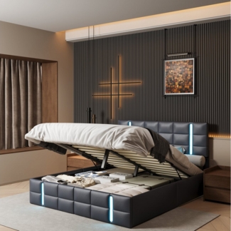 PXloue Polsterbett Stauraumbett Doppelbett (Inklusive USB-Typ-C-Ladeanschluss), LED Doppelbett, mit Verdickter Lattenrost,Kunstleder,140x200